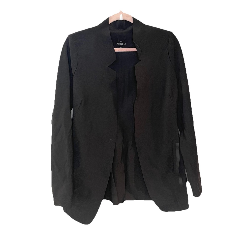 Athleta Black Stellar Blazer Jacket Open Front Notch Collar Zip Pockets ST TALL - Picture 2 of 7